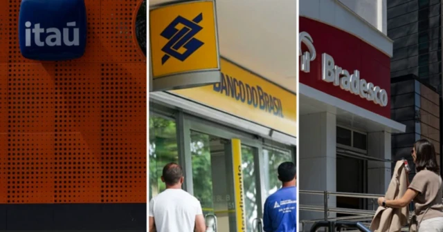 Montagem com a fachada dos bancos Itaú, Banco do Brasil e Bradesco