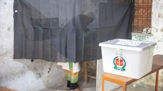 গোপন কক্ষে ভোট দিচ্ছেন এক ব্যক্তি 