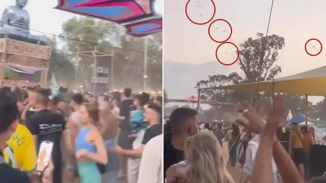Video kutoka kwa tovuti inaonesha wahudhuriaji wakicheza huku wengine wakianza kugundua dalili za kile kinachoonekana kuwa moto wa roketi.