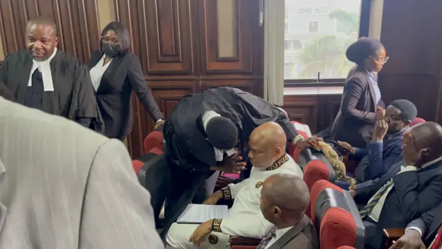 Nnamdi Kanu and his lawyers in court May 28, 2025
