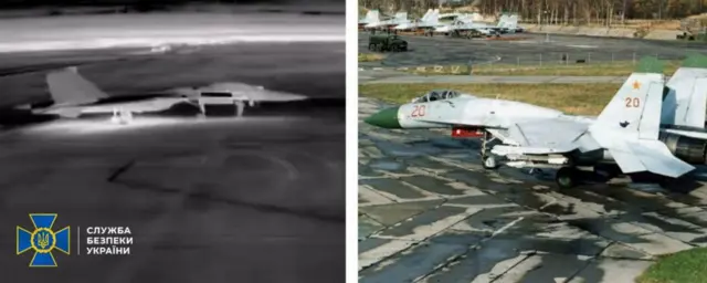 Зображення розділене на дві частини. Ліва частина – чорно-біле тепловізійне фото літака на аеродромі.
Права частина: кольорове фото того самого літака на стоянці аеродрому. 