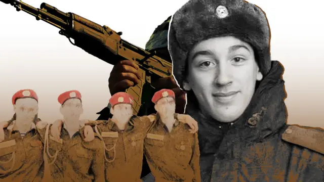 Коллаж: молодой солдат на фоне силуэтов военных