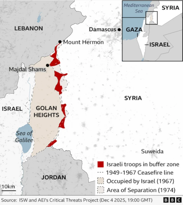 A map shows the location of the occupied Golan Heights with Lebanon to the north, Syria to the east, Jordan to the south and Israel to the west. Majdal Shams is marked in the north of the occupied Golan Heights.