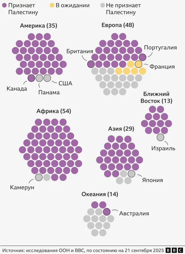 Графика, на которой разноцветными кружочками показывается, сколько стран на каком континенте признают Палестину, сколько в ожидании и сколько не признают