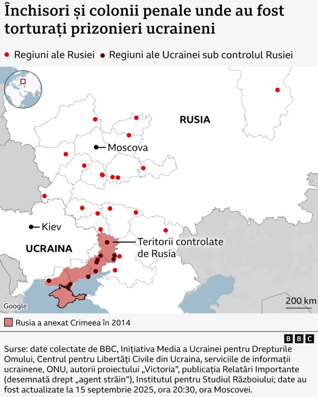 O hartă a Rusiei arătând închisori și colonii unde se spune că au fost torturați prizonieri de război și civili ucraineni.
