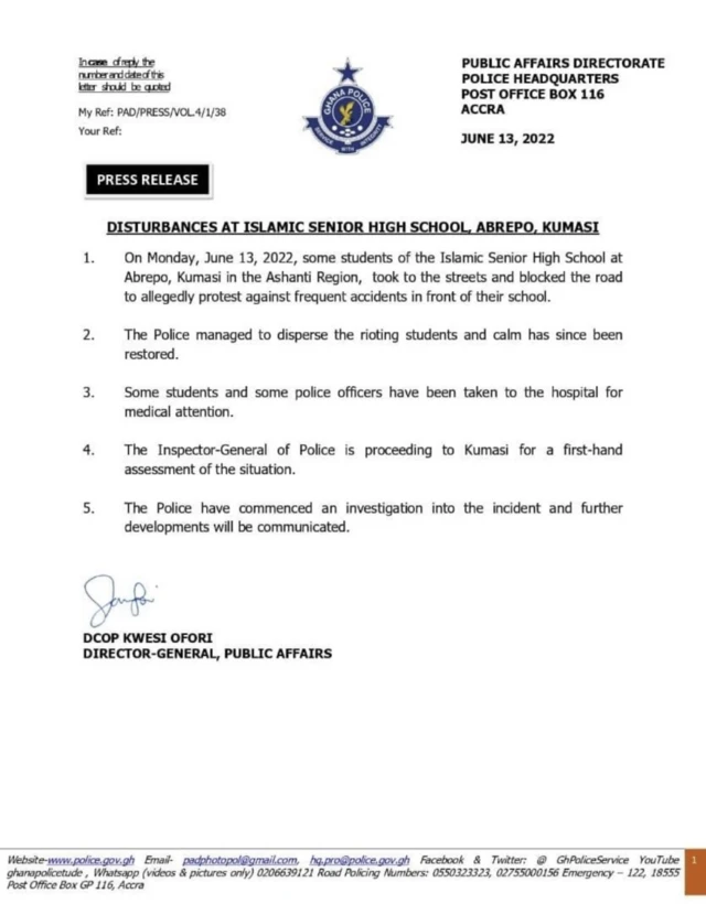 Islamic SHS shooting: Ghana police probe school children protest 'shooting'