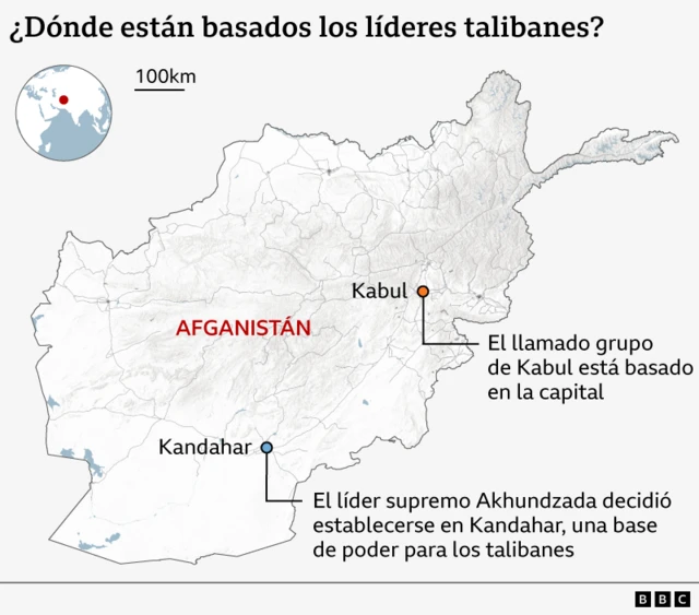 Mapa de Afganistán que muestra las ciudades de Kandahar y Kabul, y qué grupos de poder se basan allí