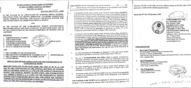 Akwụkwọ kọpa Jennifer na ndị otu ya ji kpụpụ aka na-achi steeti Anambra bụ Chukwuma Soludo na ndị ọzọ ụlọikpe