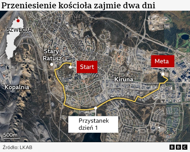 Mapa pokazująca trasę, którą będzie przetransportowany kościół