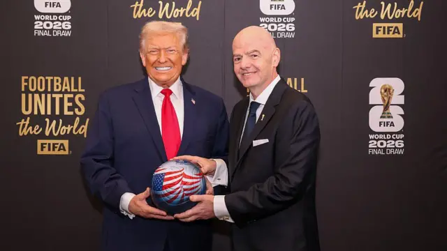 Дональд Трамп и Джанни Инфантино держат в руках мяч чемпионата с нарисованным на нем американским флагом