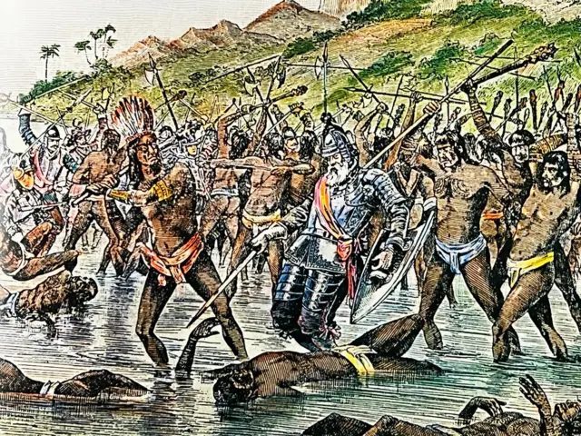 Yerli halkın zırhlı bir adama saldırdığını gösteren bir çizim