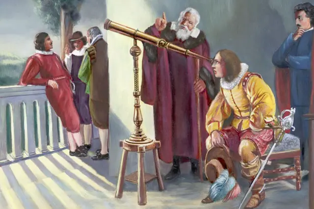 कवी मिल्टनला दुर्बिणीतून आकाश दाखवणाऱ्या गॅलिलिओ गॅलिलीचं (किरमिजी वेशात) कल्पनाचित्र 