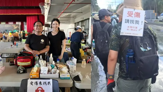 药师林佑凌（左二）跟护理师王喆淳（右）在灾区担任医疗志工。