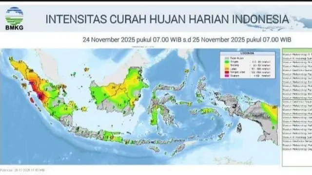 Datacurah hujan harian BMKG pada 24-25 November yang menunjukkan intensitas tinggi di pesisir barat Sumatra.