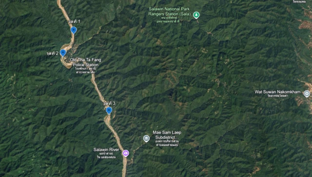 หมุดสีน้ำเงินคือตำแหน่งที่เก็บตัวอย่างน้ำมาจากสาละวินมาตรวจสอบ