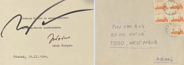 Tấm thiệp của ông Walesa gửi tới tác giả Bùi Văn Phú vào năm 1984, với chữ ký mới vào năm 2025