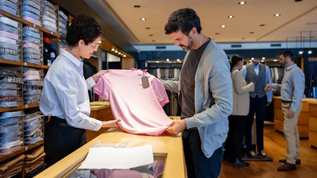 Vendedora mostra camiseta para comprador em loja de roupas