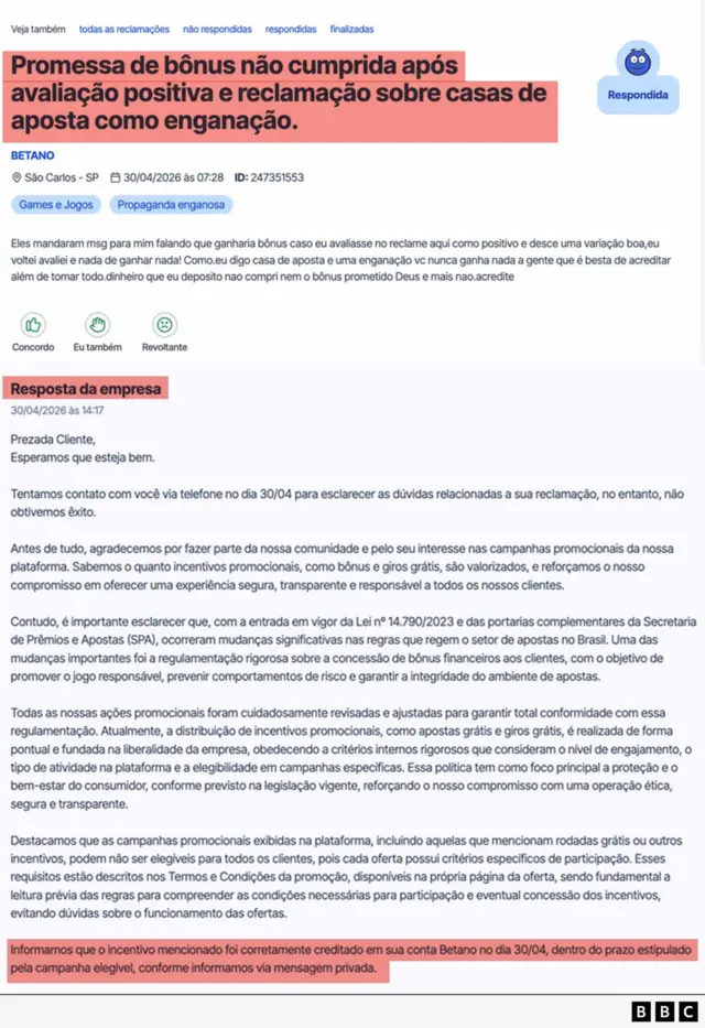 Imagem mostra interação entre usuário e a Betano na plataforma Reclame Aqui
