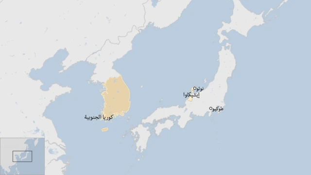 خريطة لليابان يظهر فيها مدينة نوتو مركز الزلزال