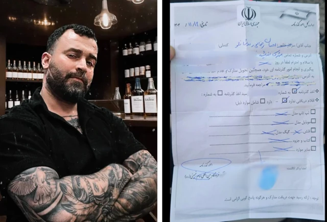 کپی برگه رسید توقیف گذرنامه احسان رضاپور و عکسی از او که با تی‌شرت مشکی و تتو روی بدن دیده می‌شود.