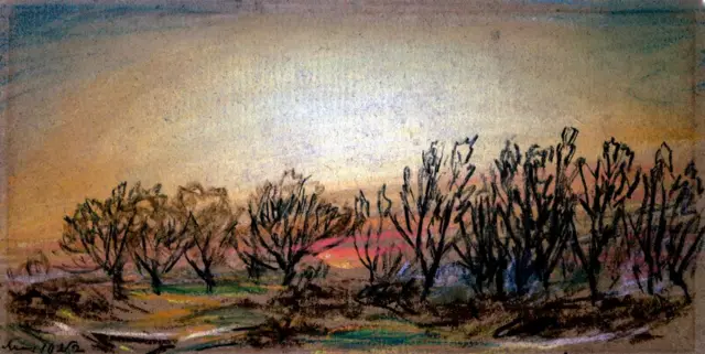 satu dari serangkaian sketsa karya William Ascroft, yang mendokumentasikan efek meteorologi dari letusan Krakatoa, Indonesia. Pada 27 Agustus 1883, gunung berapi di pulau Krakatoa meletus dalam ledakan besar, melontarkan sejumlah besar abu dan debu tinggi ke atmosfer, menghasilkan matahari terbenam dan cahaya senja yang spektakuler di seluruh dunia. Debu vulkanik juga memiliki dampak yang lebih serius pada iklim dunia. Karena menghalangi sebagian radiasi matahari yang masuk, suhu di permukaan Bumi berkurang. Setelah letusan Krakatoa, beberapa tahun berikutnya terjadi musim panas yang buruk dan musim dingin yang keras sebagai akibat dari efek ini. Ascroft mencatat fenomena optik yang dikaitkan dengan efek setelah letusan hingga tahun 1886. 