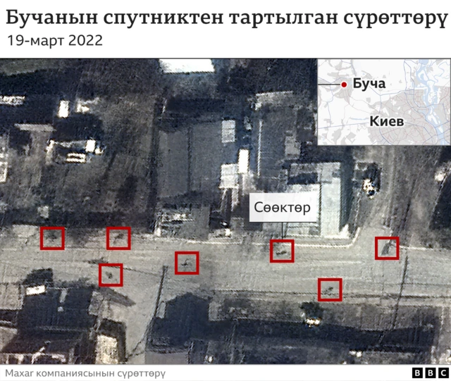Maxar компаниясынын Буча шаарын март айында тарткан сүрөттөрү, 2022