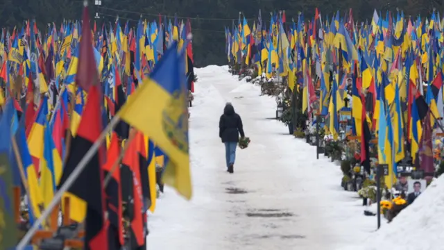 Людина йде вздовж поховань з прапорами по обидва боки