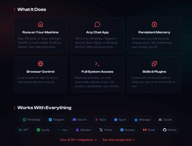 OpenClaw官网截图显示其功能,在装置运作并获得全取权根、连结通讯软件、拥有长期记忆、可控制浏览器等。