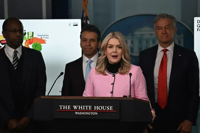 المتحدثة باسم البيت الأبيض، كارولين ليفيت ترتدي سترة وردية اللون وتتحدث في مؤتمر صحفي وأمامها ميكروفون.