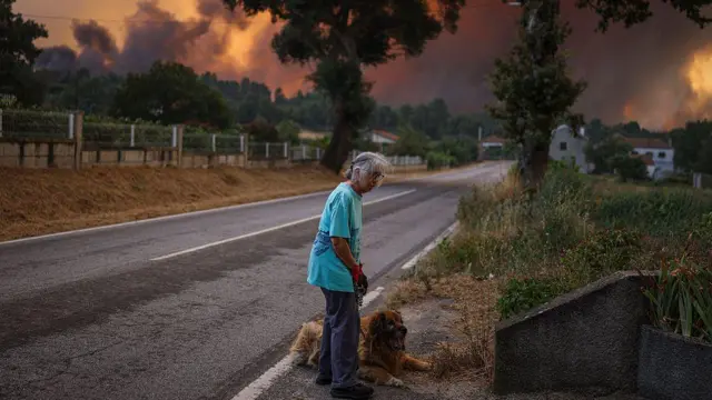Женщина с собакой на фоне лесного пожара в деревне Бенвенде в Транкозу, Португалия, 14 августа 2025 г.