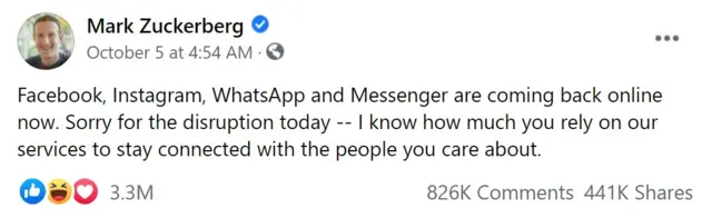 Марк Цукербергдин Фейсбуктагы посту: "WhatsApp жана Instagram кулаганда “Бүгүнкү үзгүлтүк үчүн кечирим сурайм".