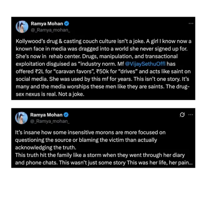 අදාළ ගිණුම විසින් කාන්තාව රංගන ශිල්පී විජේ සේතුපතිට චෝදනා කර සිටියේ ඔහු විසින් සමාජ මාධ්‍යවල සාන්තුවරයෙකු ලෙස පෙනී සිටිමින් මුදලට කාන්තාවක් ලිංගිකව සුරාකෑමට ලක් කර ඇති බව යි.