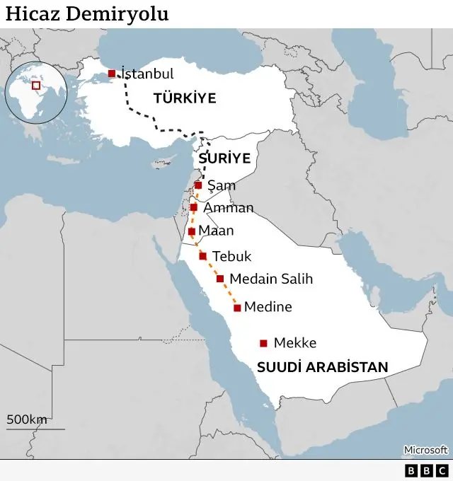 İstanbul'dan Medine'ye giden hattı gösteren harita.