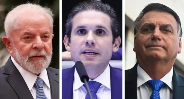 Montagem com fotos de Lula, à esquerda, Hugo Motta, ao centro, e Jair Bolsonaro à direita