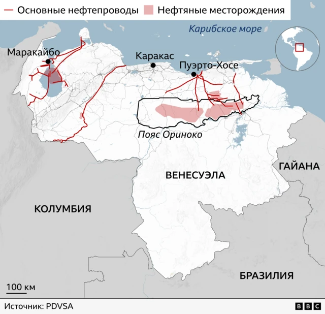 карта месторождений и нефтепроводов Венесуэлы