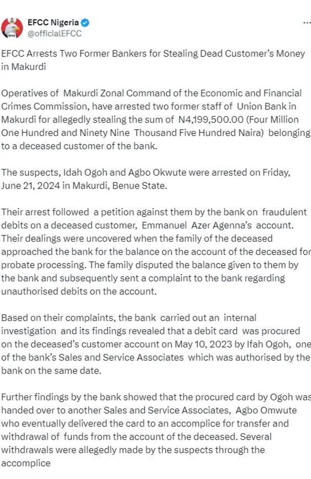 Àtẹ̀jáde tí EFCC fi sórí X