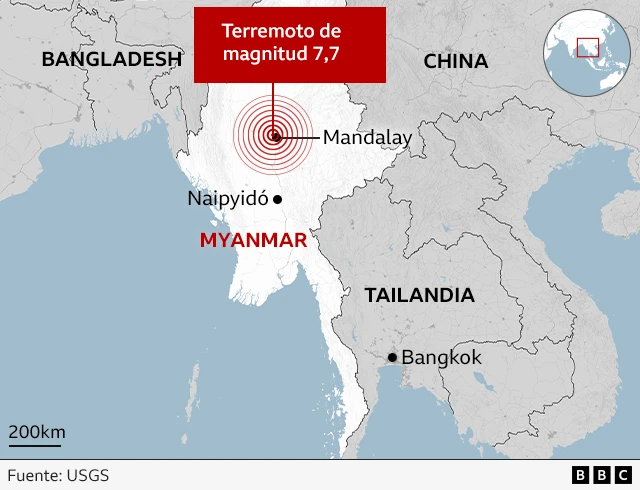 Mapa localizador del epicentro del terremoto en la región de Mandalay, Myanmar.