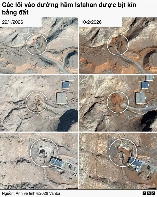 Hình ảnh vệ tinh cho thấy tại Isfahan, tất cả các lối vào khu phức hợp đường hầm hiện dường như đã được bịt kín bằng đất