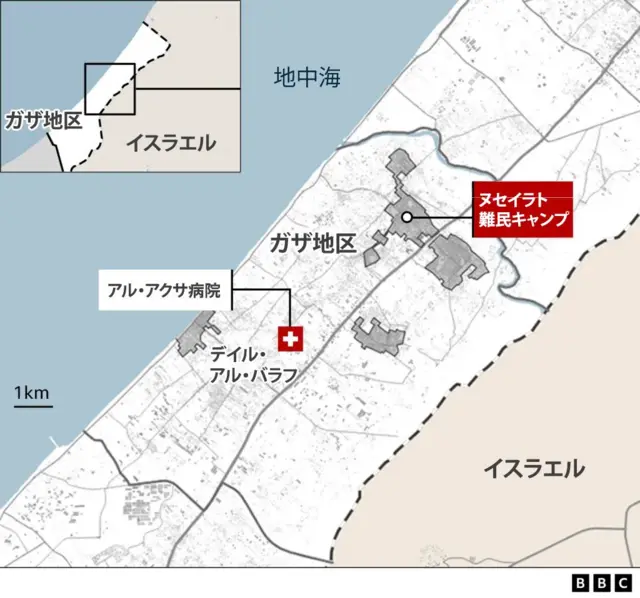 ヌセイラト難民キャンプとアル・アクサ病院の位置を示すガザ地区の地図