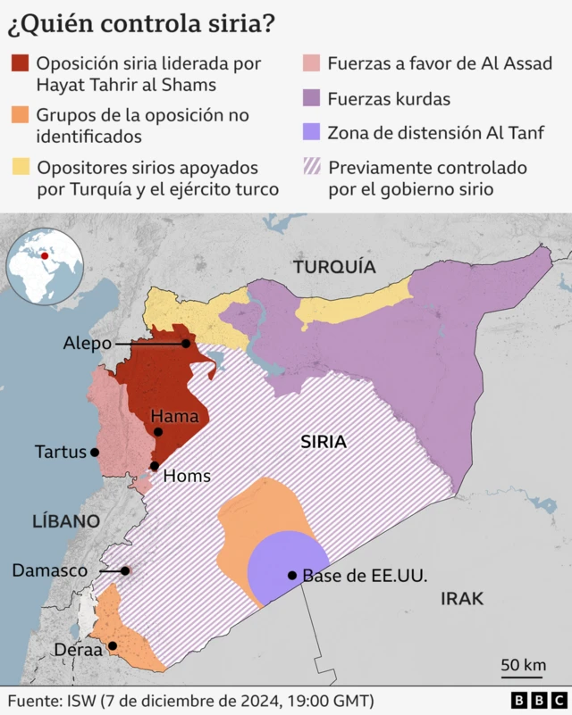 Mapa de la división territorial de Siria antes del 7 de diciembre de 2024.