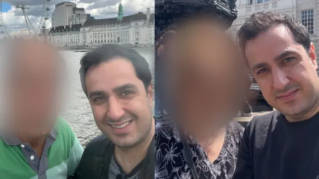 BBC Farsça Servisi'nin kıdemli muhabiri Parham Ghobadi, anne ve babası ile birlikte Londra'da. Anne ve babanın yüzleri bulanıklaştırıldı.