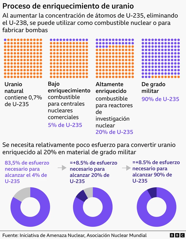 El gráfico muestra cómo las diferentes concentraciones de U-235 en el uranio afectan su uso potencial.