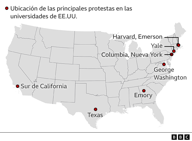Mapa de Estados Unidos donde aparecen señaladas las principales universidades donde hay protestas. 