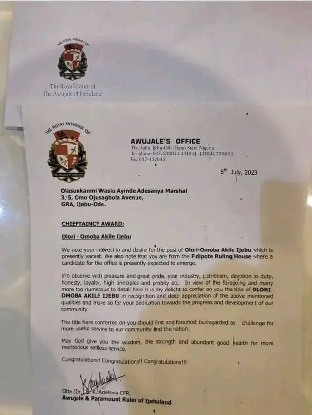 Lẹta Awujale to waja,Ọba Sikiru Kayode Adetona, si Wasiu Ayinde