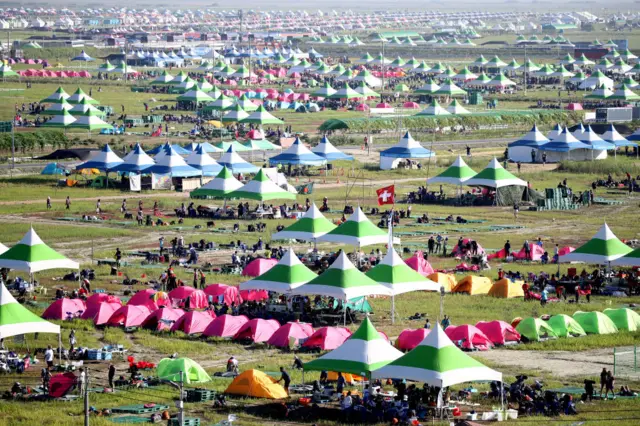 Pemandangan tenda Jambore Pramuka Dunia saat pramuka bersiap meninggalkan acara pada 8 Agustus 2023 di Buan, Korea Selatan.