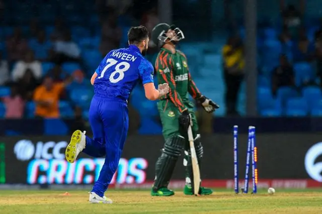  දක්ෂ පන්දු යැවීමක නිරත වූ ඇෆ්ගනිස්ථාන පන්දු යවන්නන් බංගලාදේශ පිතිකරුවන්ට එම ඉලක්කයට ළඟා වීමට ඉඩ නොදෙමින් ලකුණු 08 කින් තරගය ජය ගැනීමට සමත් විය.