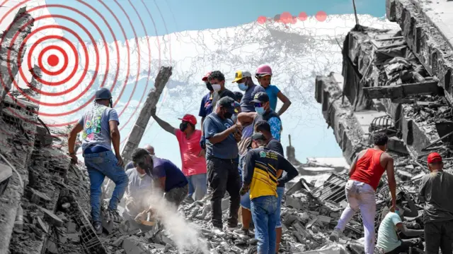 Montaje que muestra fotografías de labores de búsqueda y rescate entre escombros, con un mapa de Venezuela al fondo