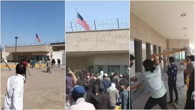 खामेनी यांच्या हत्येनंतर संतप्त लोकांनी पाकिस्तानमधील कराचीतील अमेरिकन वाणिज्य दूतावासात प्रवेश केला.