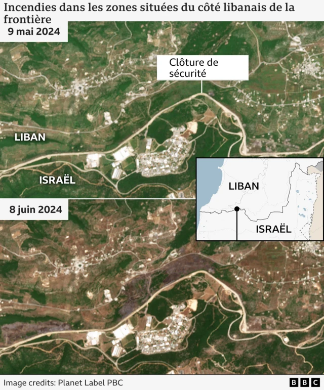 Image satellite montrant les dégâts causés par les incendies dans la région frontalière au fil du temps.