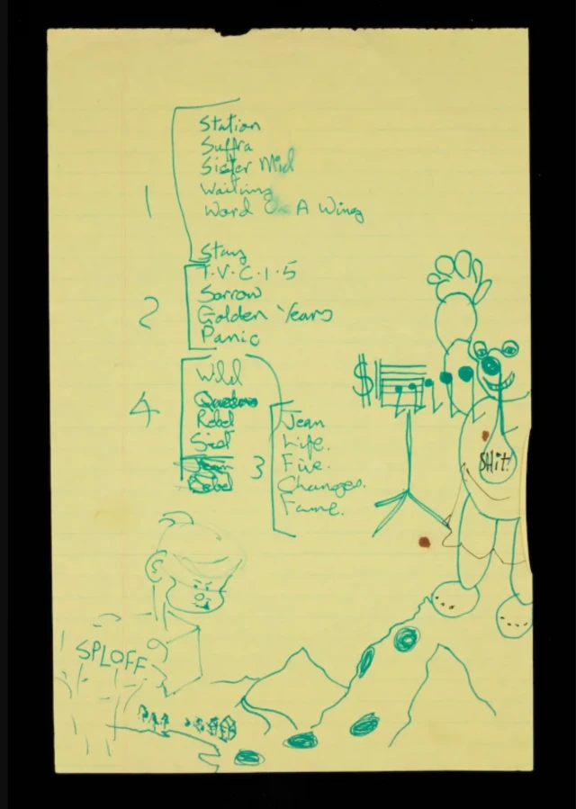 یک فهرست دستنویس مربوط به تور تبلیغ آلبوم «ایستگاه به ایستگاه» سال ۱۹۷۶ دیوید بوئی